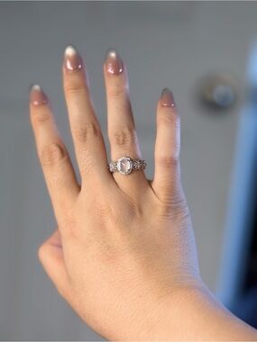 White Chalcedony Oval Ring Vintage Halo Silver Tone Ring